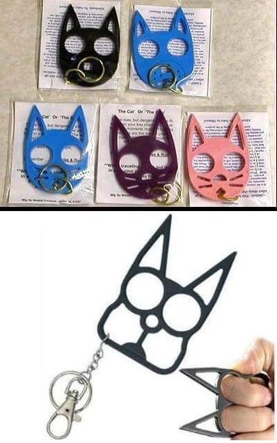Llaveros forma de gato en colores negro, azul, morado y rosa, diseño creativo y original para defensa personal y accesorios frikis