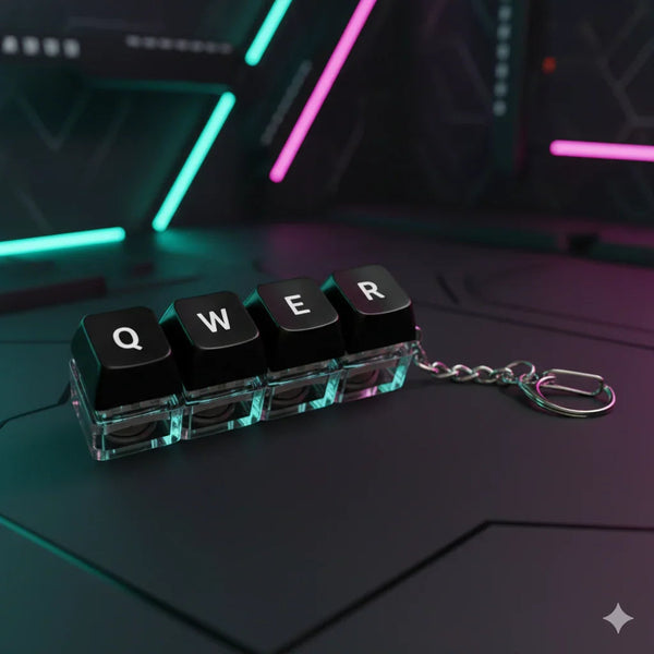 Llavero gamer con teclas QWER de teclado mecánico negro sobre fondo oscuro con luces LED neón
