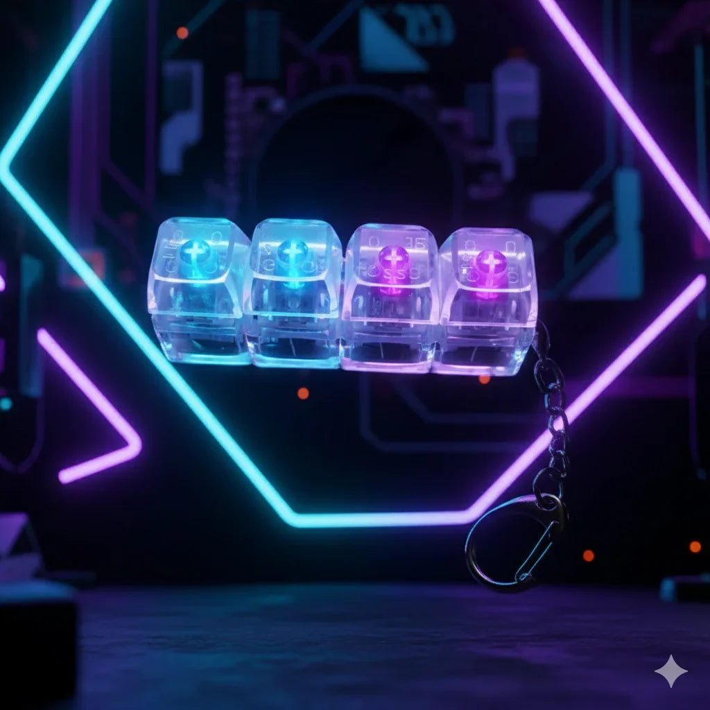 Llaveros transparentes con luces LED azules y moradas en ambiente gamer con fondo de neón