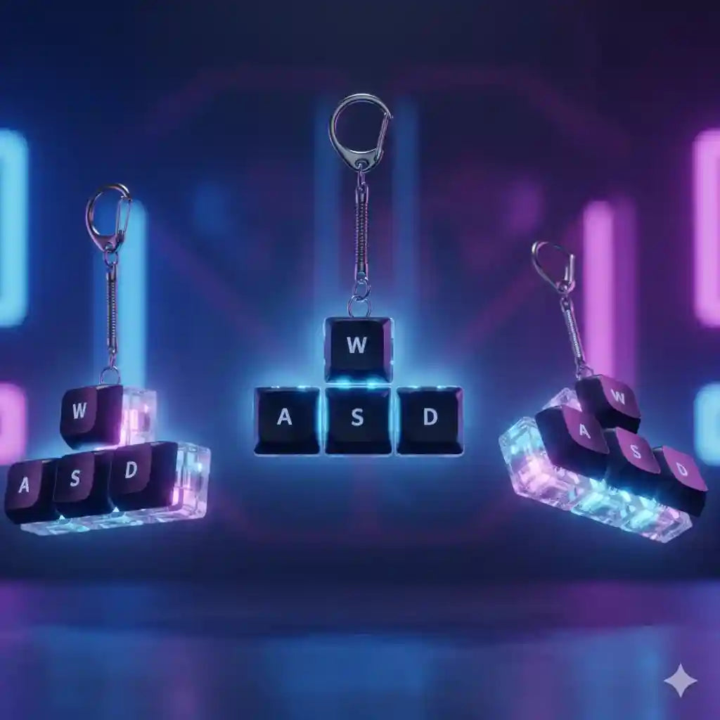 Llaveros gamer con teclas WASD iluminadas, estilo creativo y friki, fondo neón.