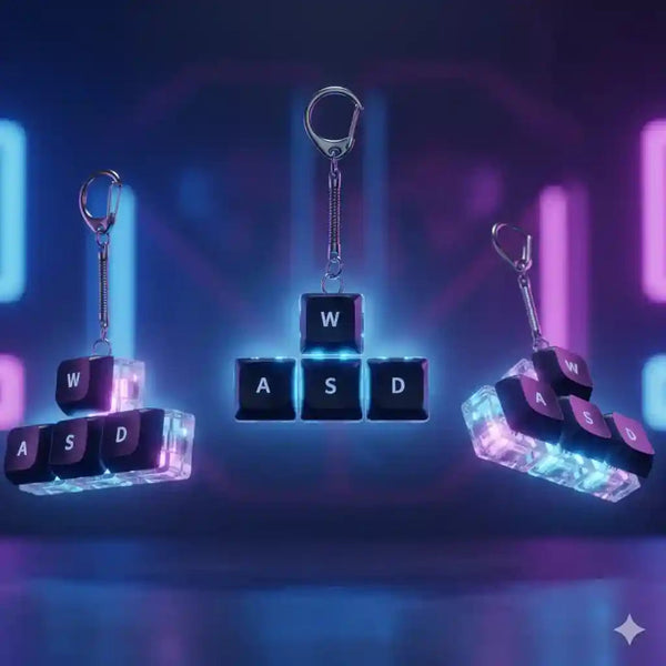 Llaveros gamer con teclas WASD iluminadas, estilo creativo y friki, fondo neón.