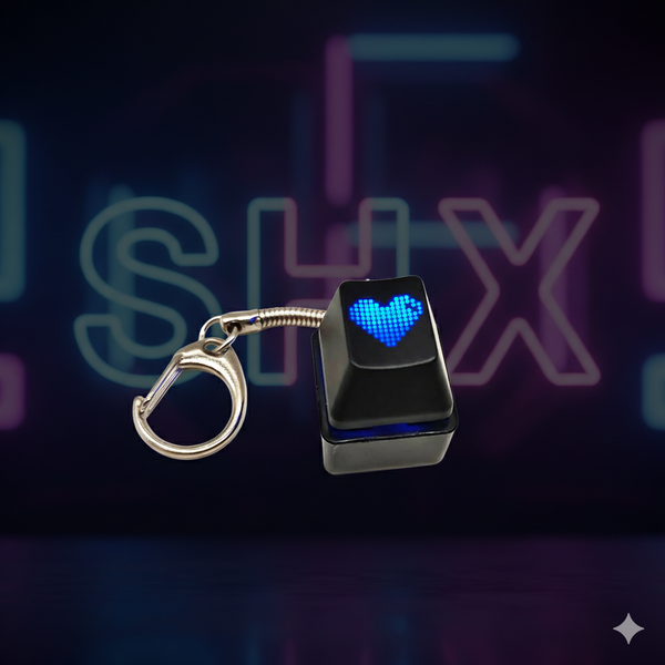 Llavero gamer tecla negra con corazón azul LED, fondo SHX neón, llaveros originales