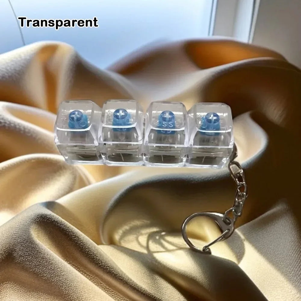 Llavero transparente con cuatro interruptores azules, estilo gamer, sobre tela satinada beige