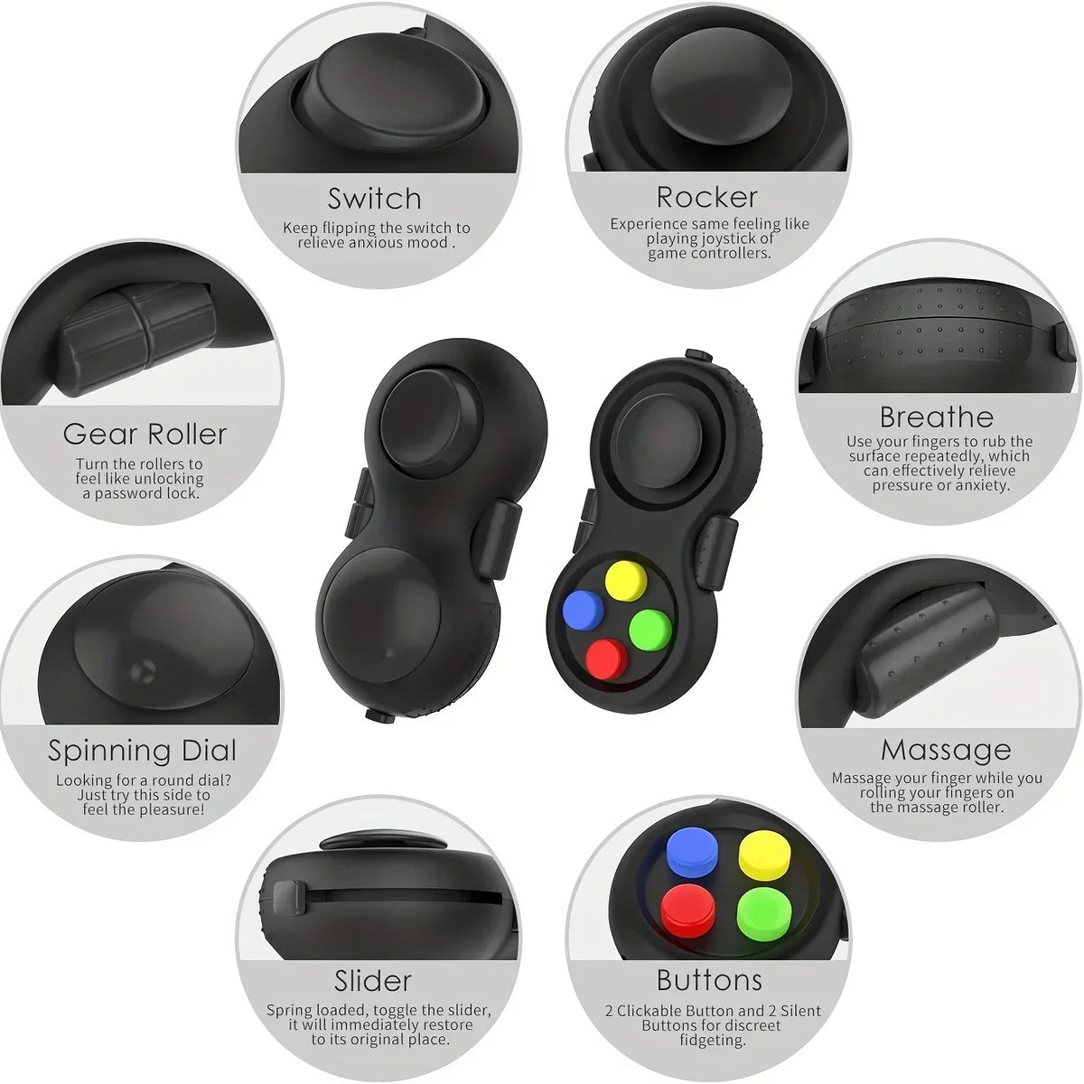 Fidget spinner negro con botones de colores, palanca, rodillo, dial giratorio, y superficie para masajes, llavero antiestrés