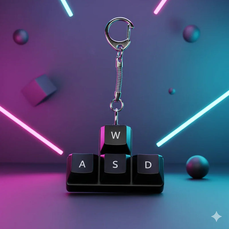 Llavero gamer con teclas WASD simulando controles de teclado en fondo futurista con luces neón
