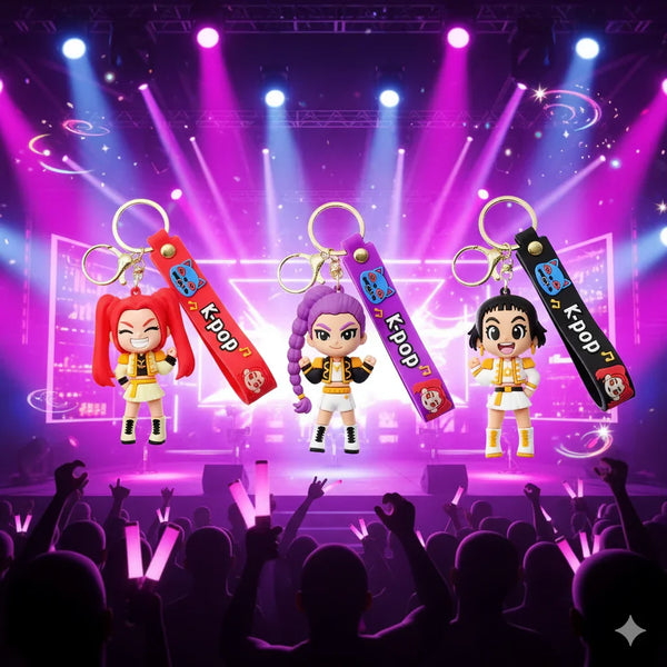 Llaveros K-pop con figuras animadas y tags de colores en concierto con luces moradas y azul neón