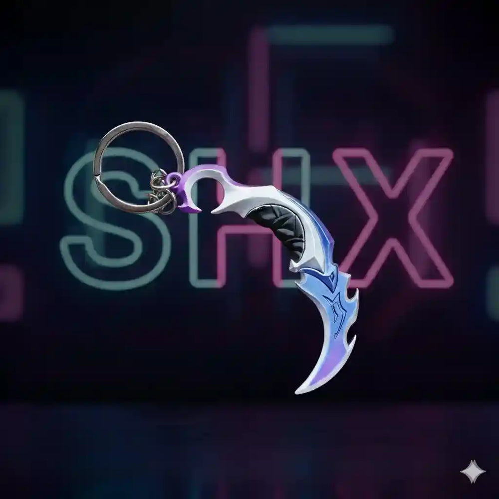 Llavero gamer con forma de cuchillo karambit metálico decorado, fondo neon.