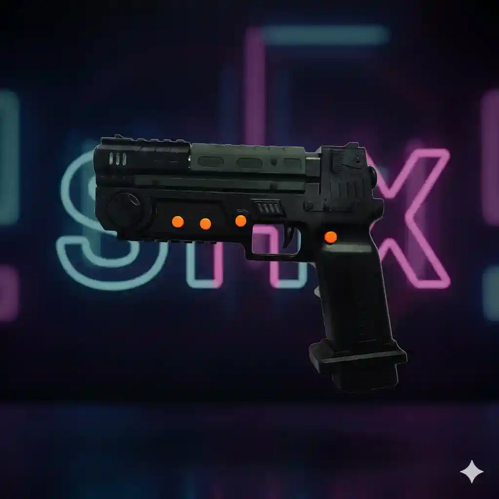 Llavero gamer en forma de pistola negra con detalles naranjas, fondo neon, estilo geek.