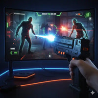 Llaveros gamer originales con mando de pistola LED y fondo de videojuego frente a pantalla curva.