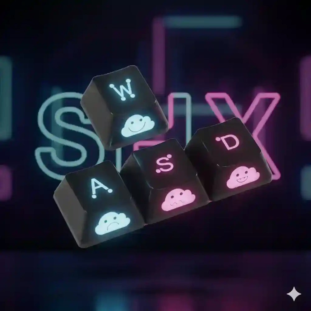 Teclas mecánicas gamer WSAD con nubes y luces LED, diseño original para llavero.