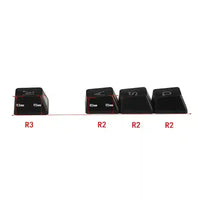 Vista lateral de teclas de teclado mecánico negras con medidas y perfil R2 y R3, teclas para llaveros personalizados.