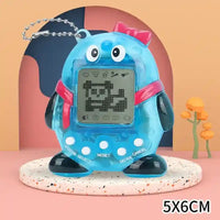 Llavero cliker azul con diseño de mascota digital pixelada y botones blancos en fondo decorativo