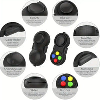 Spinner fidget negro con botones coloridos, interruptor, joystick y rodillos para aliviar ansiedad y estrés