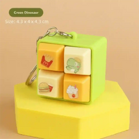 Llavero cubo verde con diseño de comida y dinosaurio kawaii, fichas móviles y divertido
